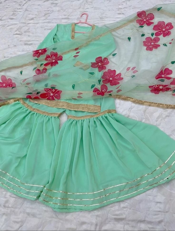 Silk 3pc Dress Short Kurti With Sahara and Hand Paint Organza Dupatta