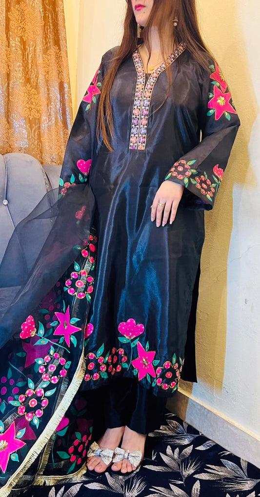 Silk Hand Painted Dress Black Dress With Hand Painted Dupatta and Embellishments