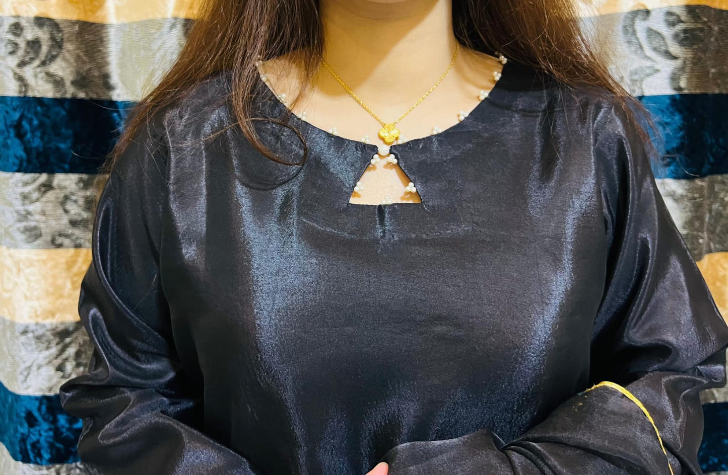 Hand Painted Kaftan Silk Dress With Embellishments and Organza dupatta