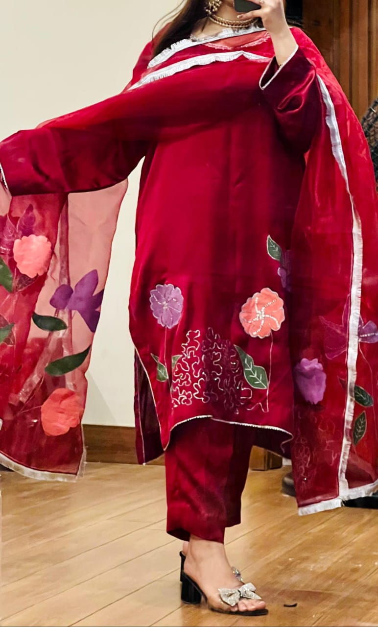 Silk Hand Painted Red Dress & Organza dupatta With Embellishments