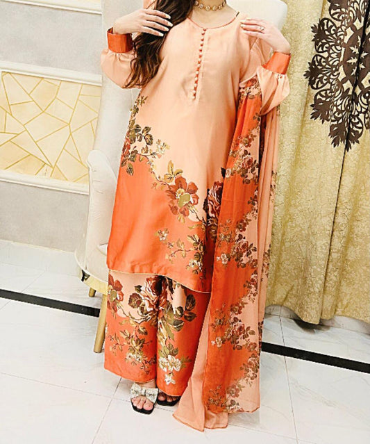 Printed Silk Dress & Chiffon Dupatta in Peach and Orange