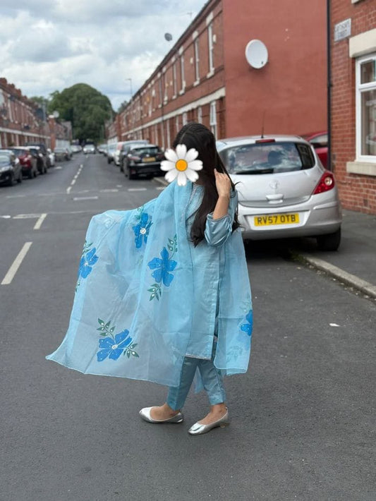 Katan Silk Dress & Hand Painted Organza Dupatta With Embellishment 