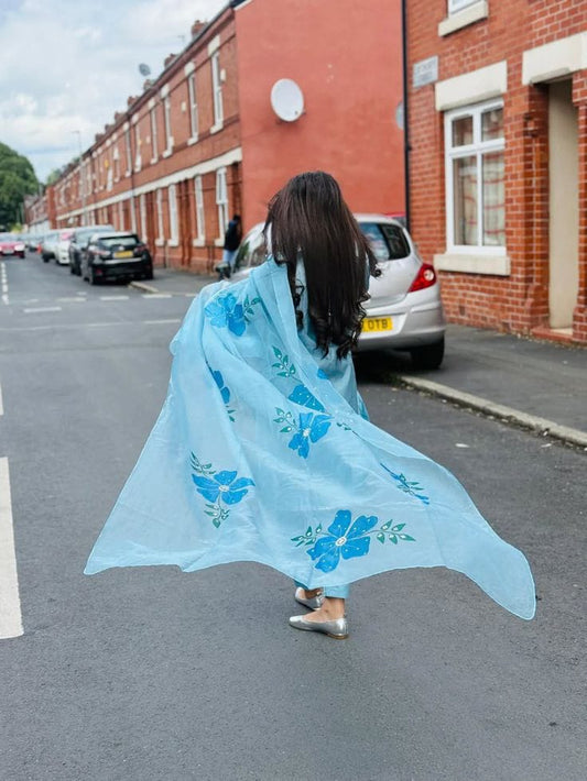 Katan Silk Dress & Hand Painted Organza Dupatta With Embellishment 