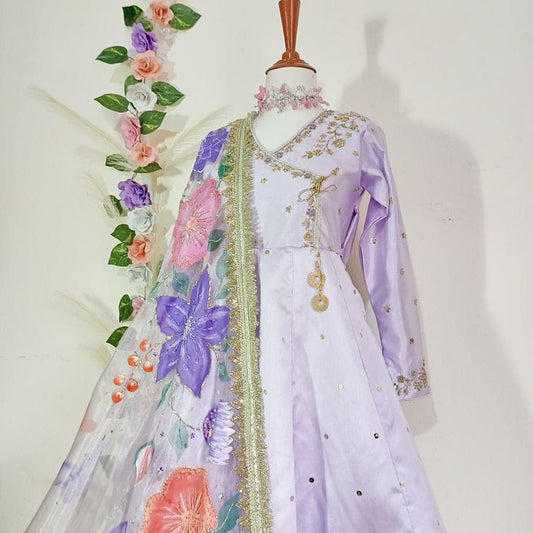 Katan Silk Hand Painted Organza Dupatta With Embellishment