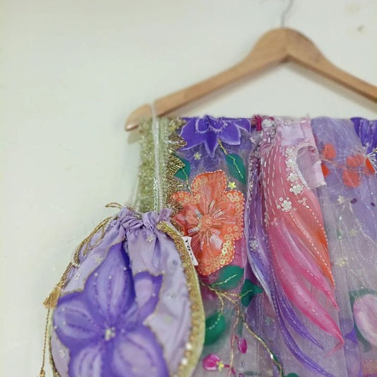 Katan Silk Hand Painted Organza Dupatta With Embellishment