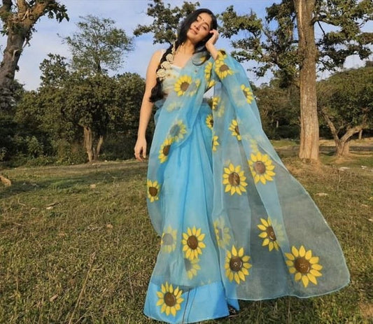 Hand painted Organza Saree Sky Blue