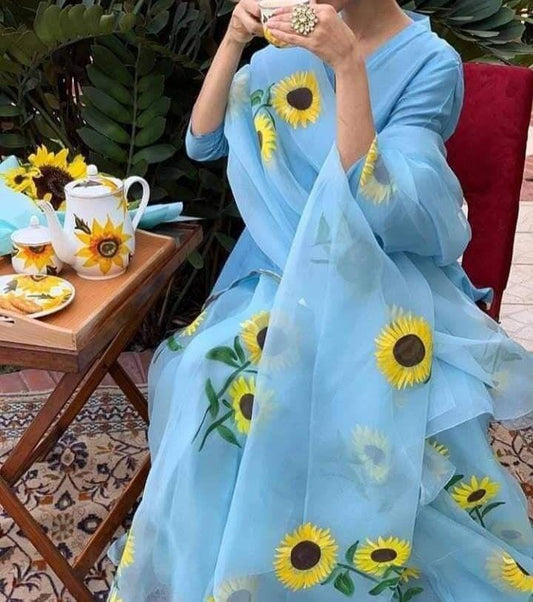 Hand Painted Silk Dress in Sky Blue With Dupatta