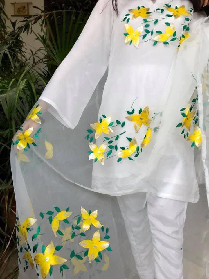 Hand Painted Silk Dress with Organza Dupatta in White