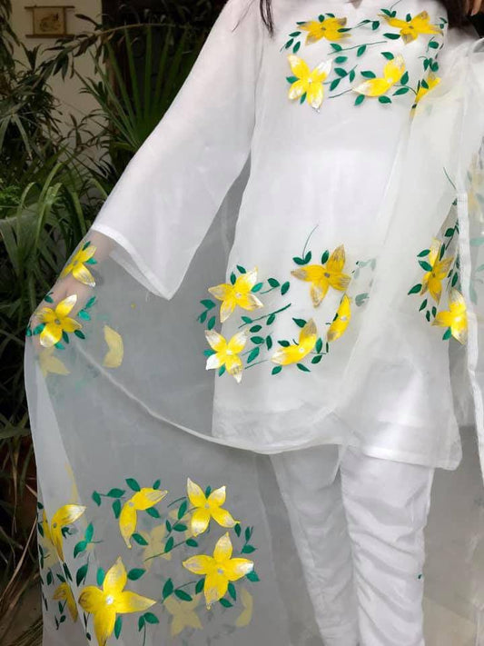 Hand Painted Silk Dress with Organza Dupatta in White