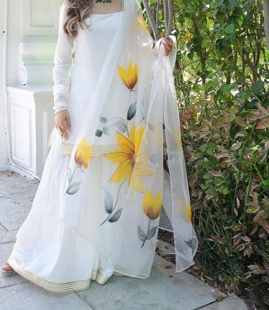 Hand Painted Silk Dress with Organza Dupatta