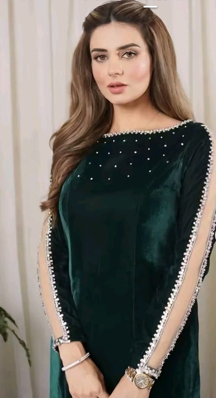 Velvet full dress with Embellishment in Green
