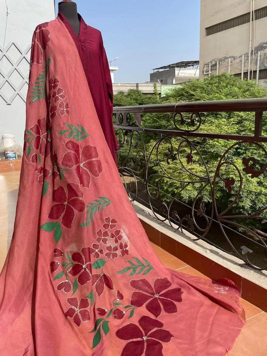 Silk 3pc Dress With Hand Paint Dupatta