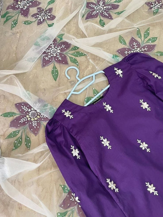 Silk 3pc Dress With Embellishment and Hand Paint Organza Dupatta