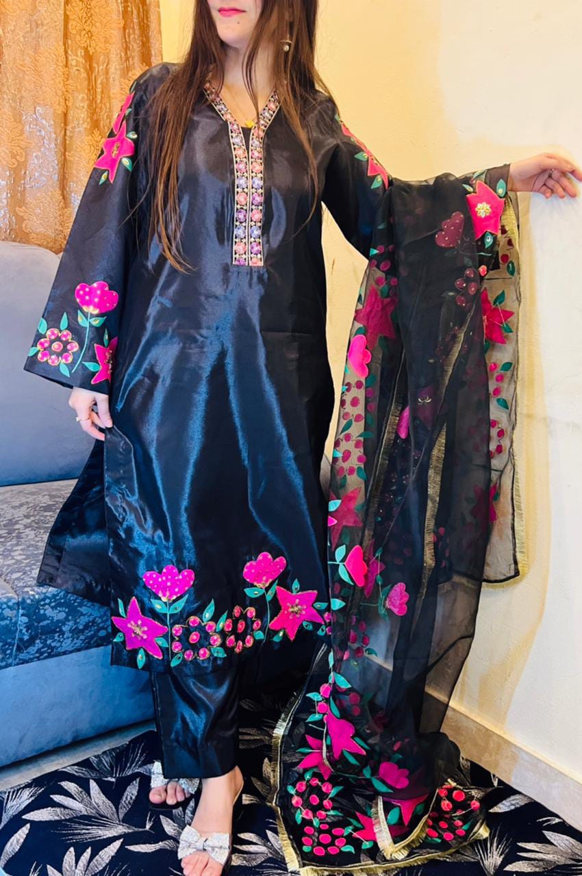 Silk Hand Painted Dress Black Dress With Hand Painted Dupatta and Embellishments