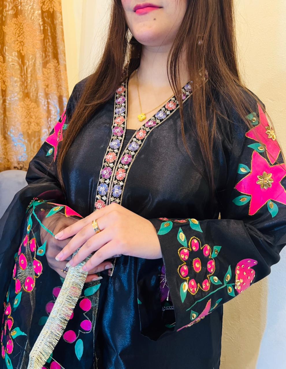 Silk Hand Painted Dress Black Dress With Hand Painted Dupatta and Embellishments
