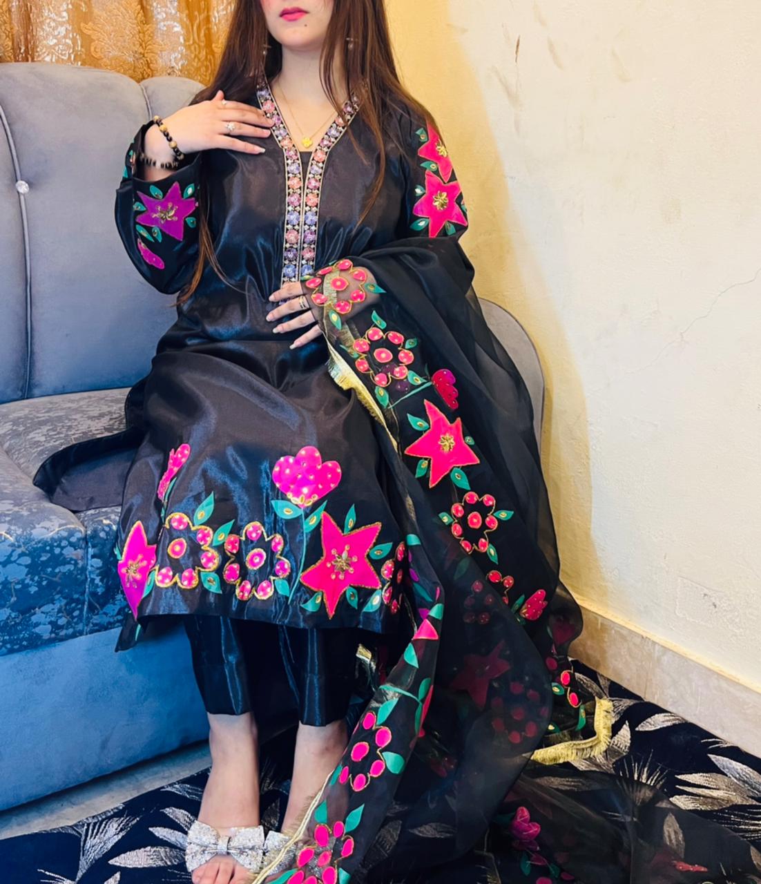 Silk Hand Painted Dress Black Dress With Hand Painted Dupatta and Embellishments