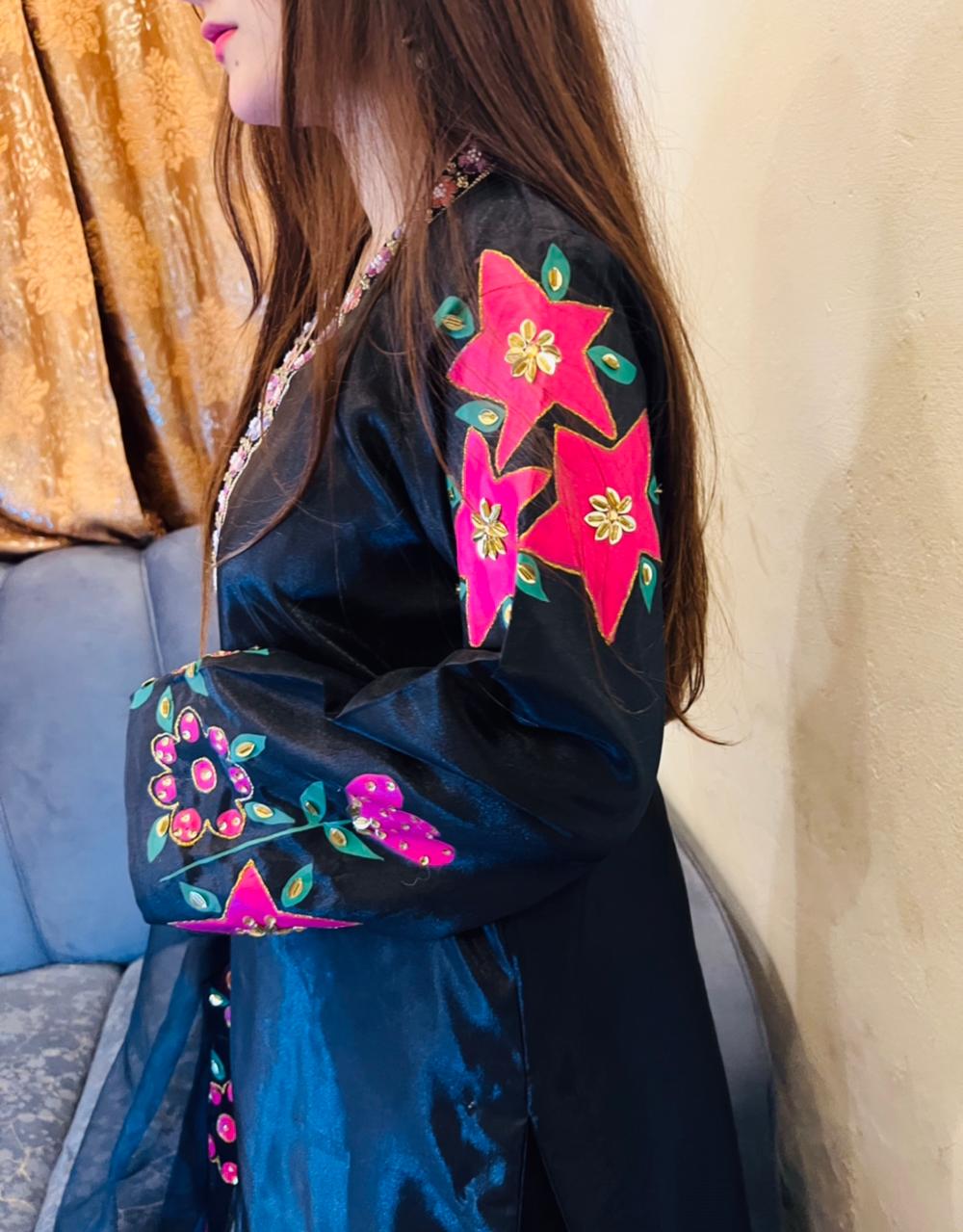 Silk Hand Painted Dress Black Dress With Hand Painted Dupatta and Embellishments