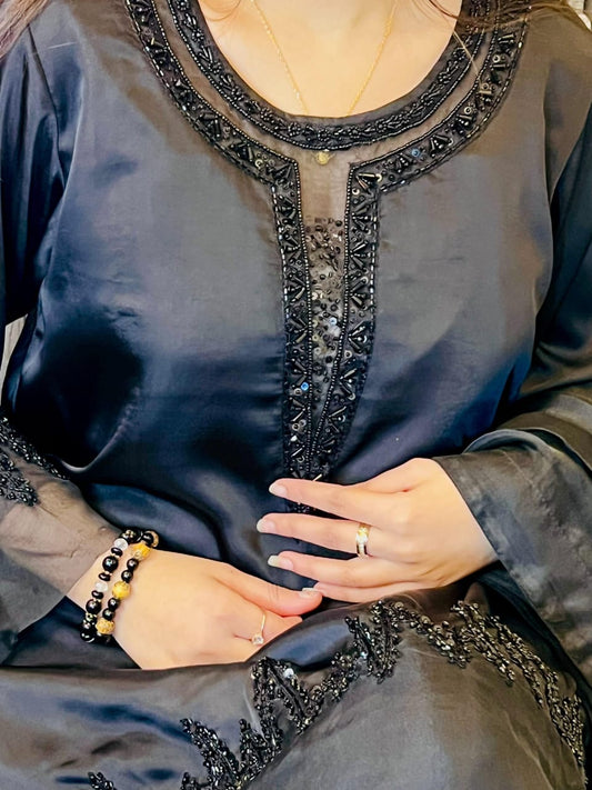 Party Wear Silk Hand Painted Black Dress With Organza Dupatta and Hand Embroidered Shirt