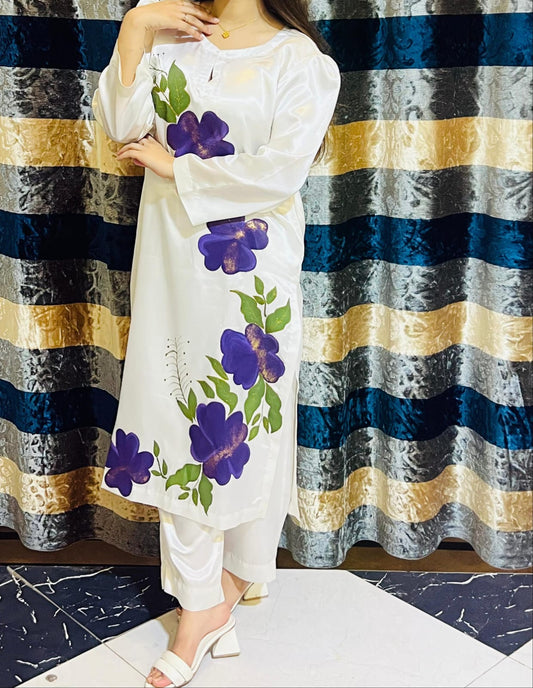 Silk Hand Painted Dress White Dress With Plan Trouser