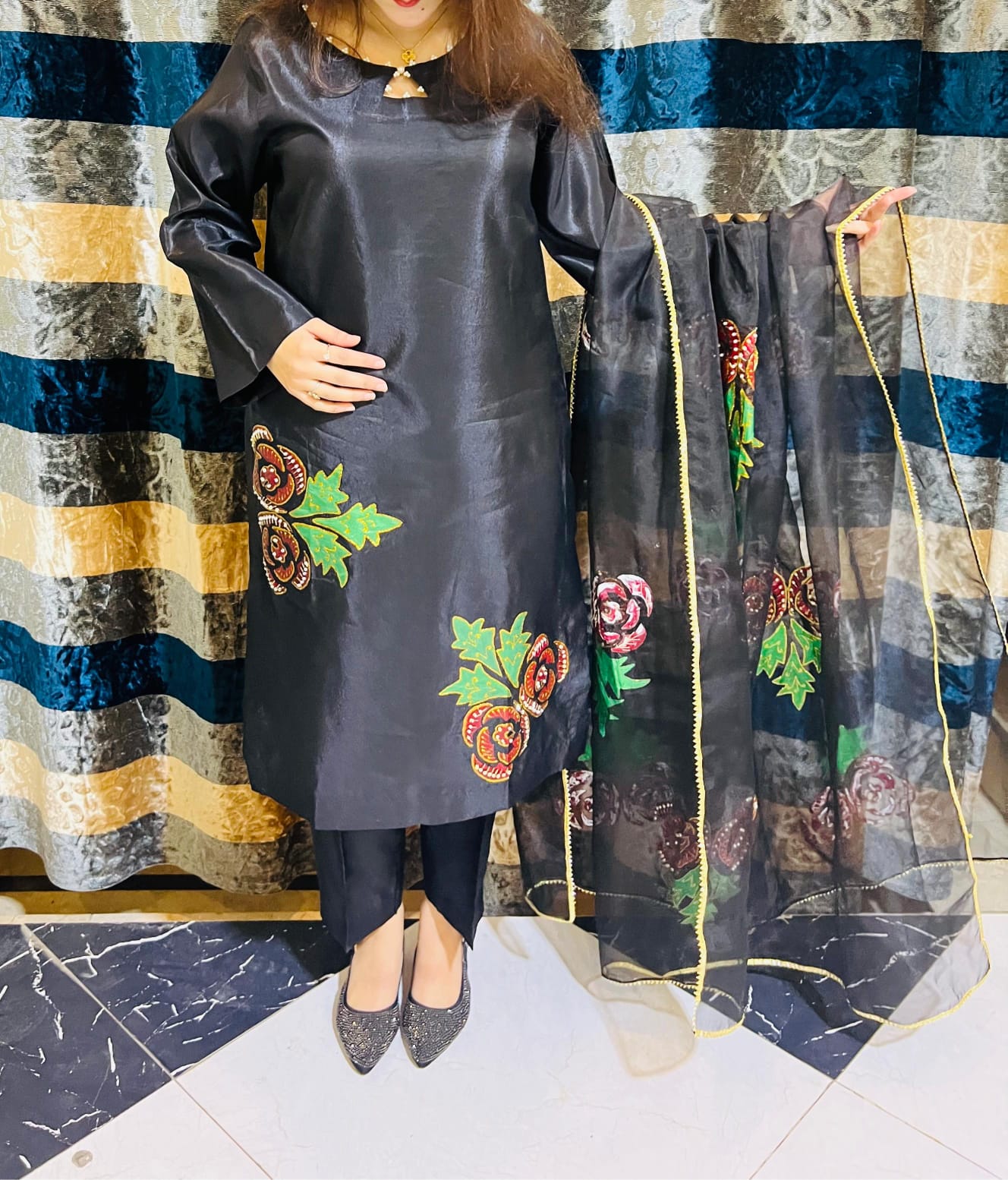 Hand Painted Kaftan Silk Dress With Embellishments and Organza dupatta