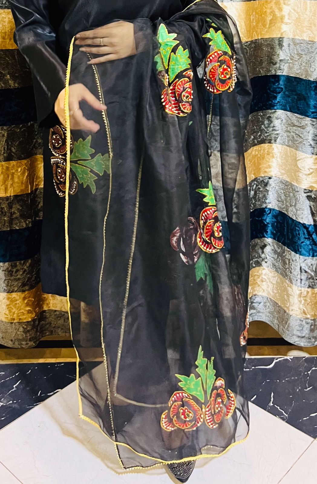 Hand Painted Kaftan Silk Dress With Embellishments and Organza dupatta