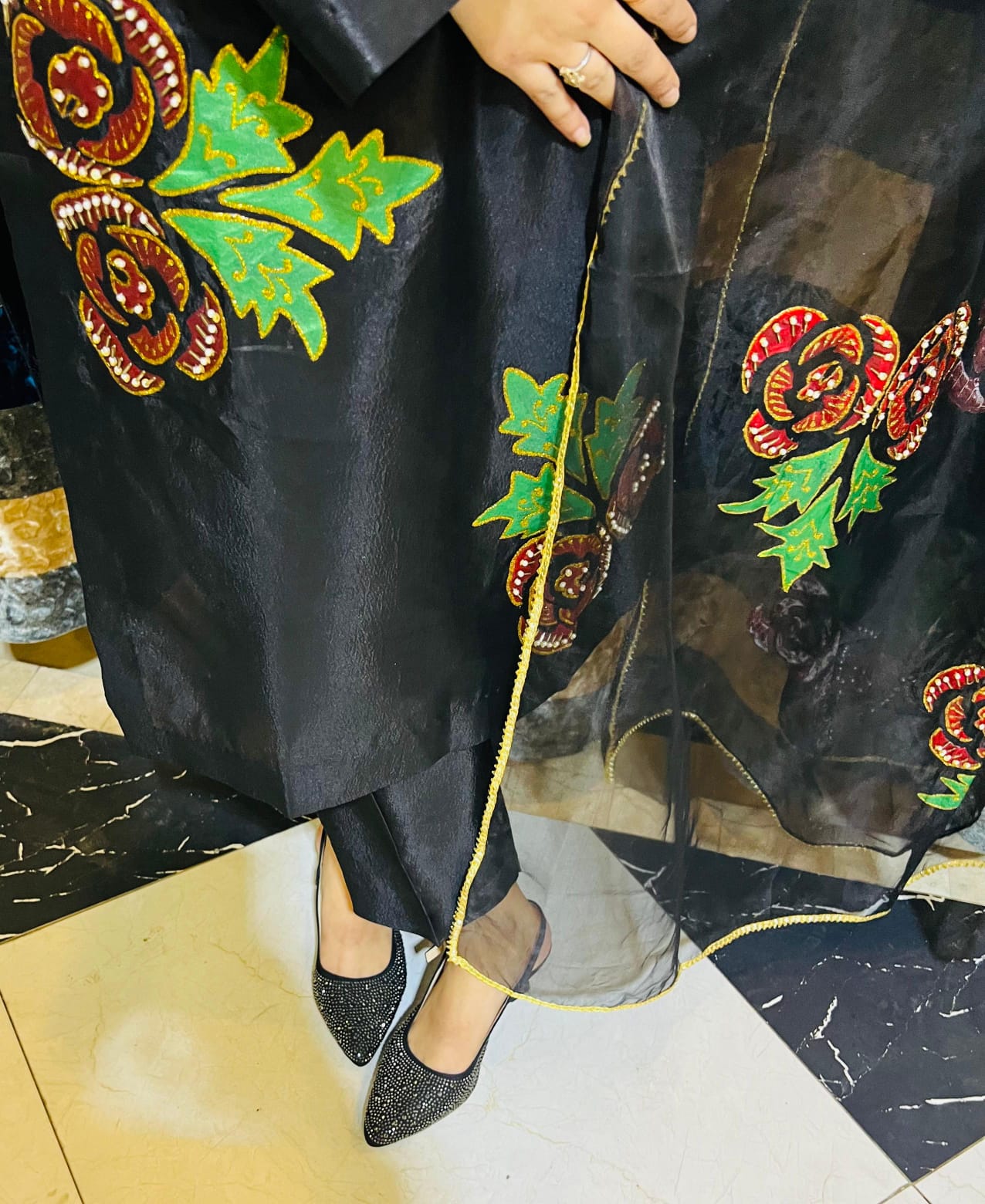 Hand Painted Kaftan Silk Dress With Embellishments and Organza dupatta