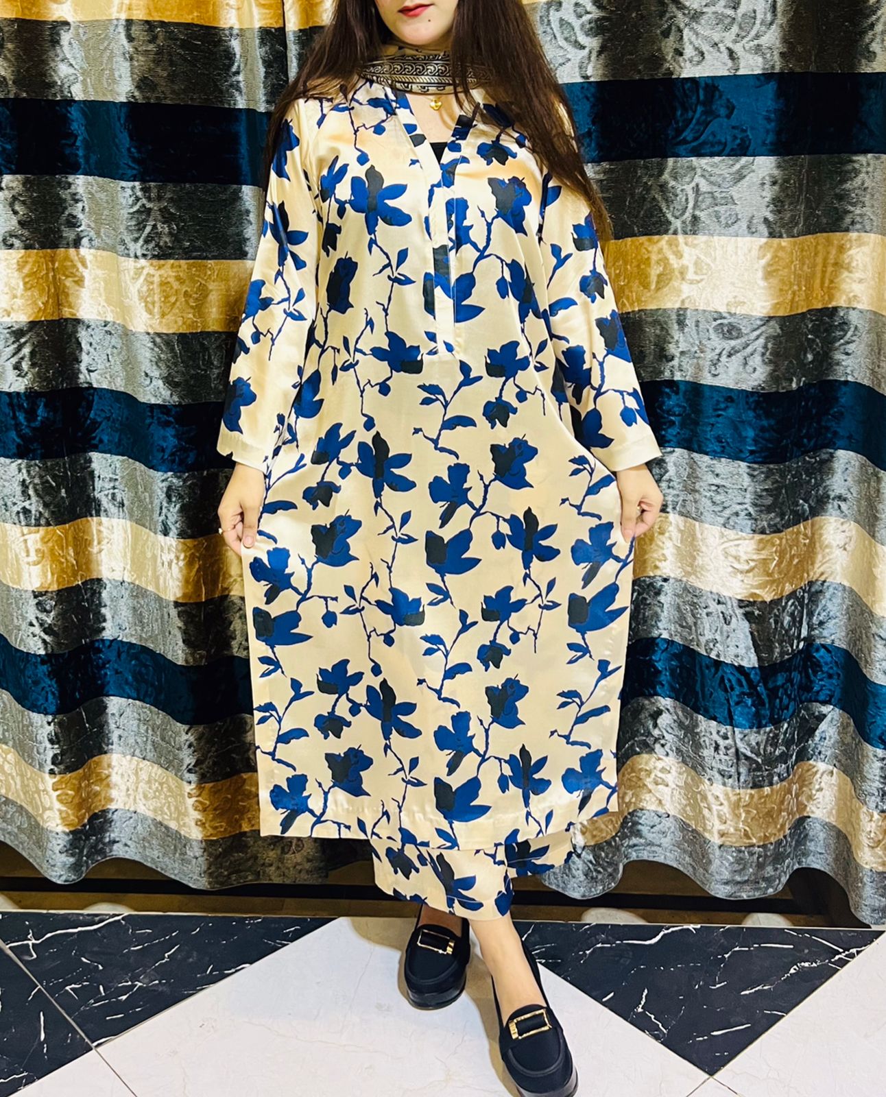 Printed silk dress with chiffon dupatt