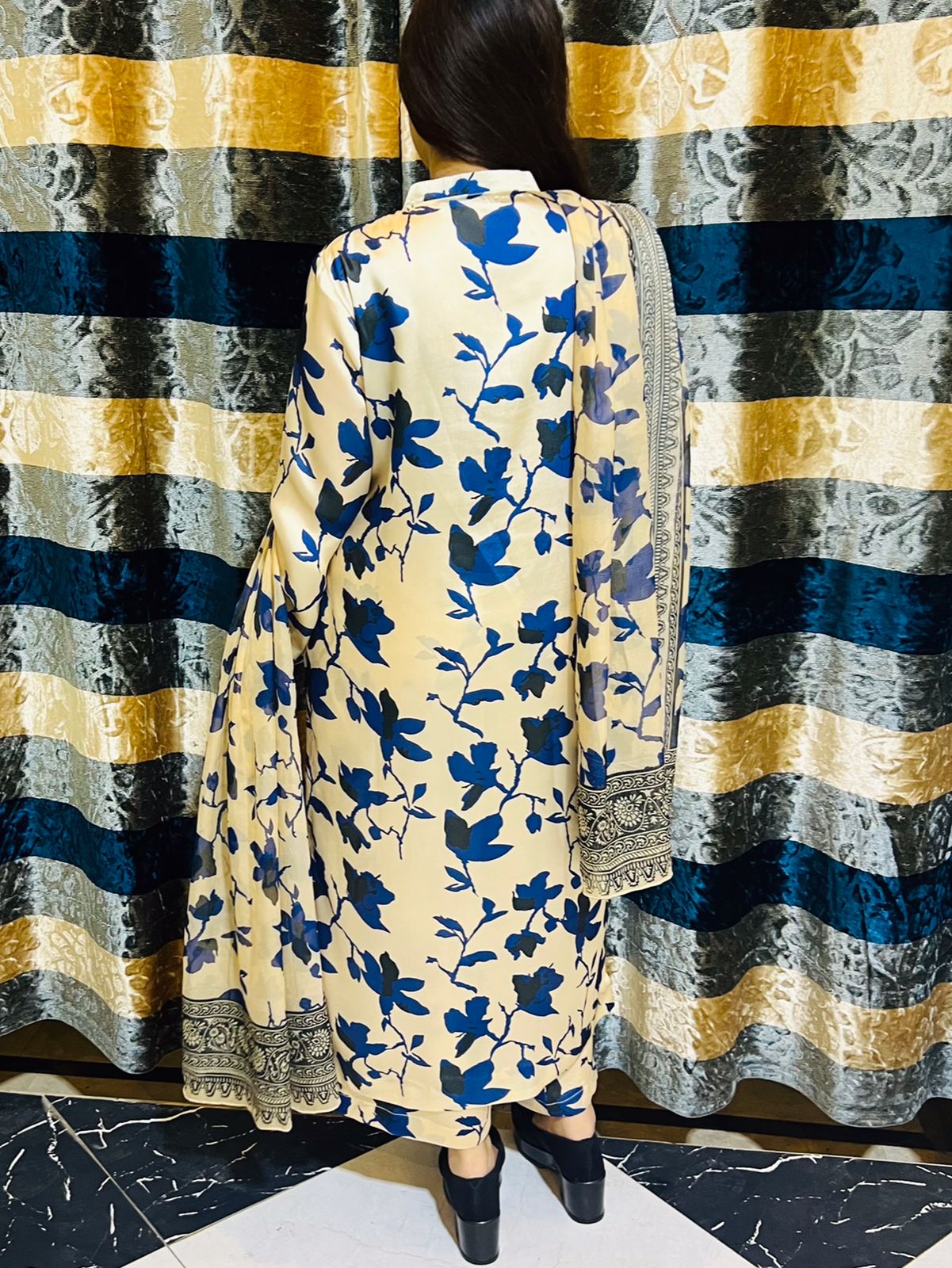 Printed silk dress with chiffon dupatt