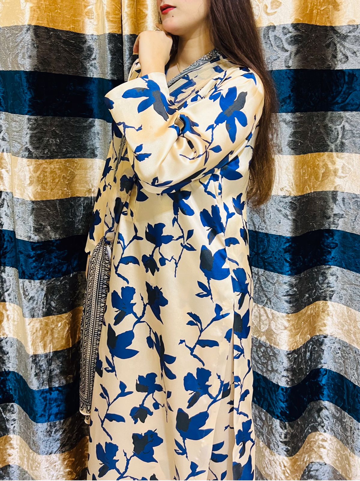 Printed silk dress with chiffon dupatt