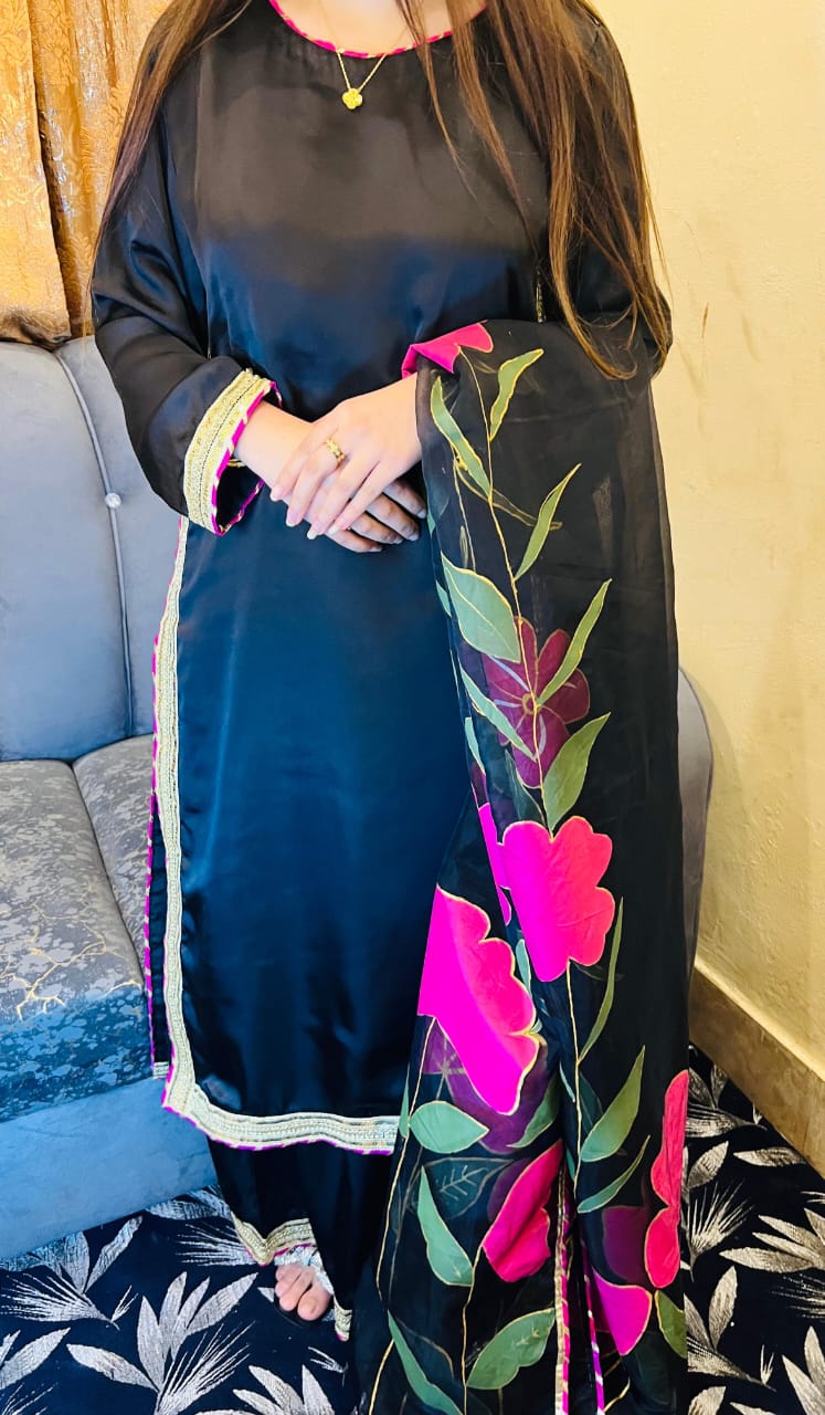 Silk Hand Painted Dress Black Dress With Hand Painted Dupatta