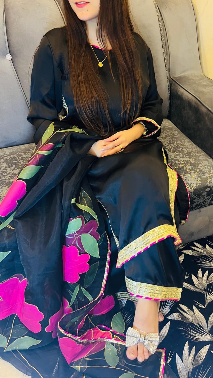 Silk Hand Painted Dress Black Dress With Hand Painted Dupatta