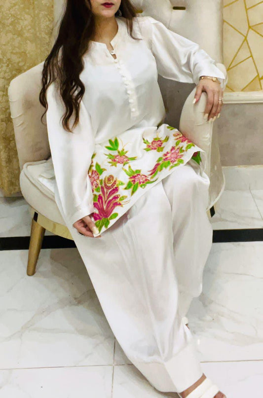 Silk Hand Painted White Dress With Hand Embellishments 2PC