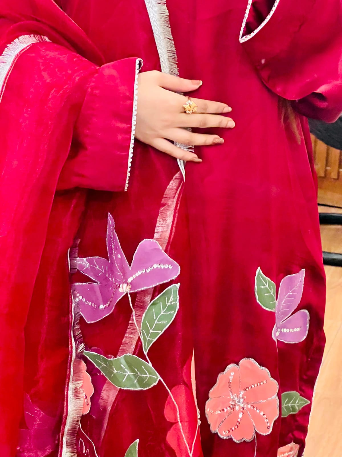 Silk Hand Painted Red Dress &amp; Organza dupatta With Embellishments