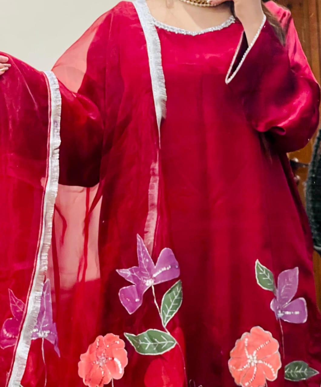 Silk Hand Painted Red Dress &amp; Organza dupatta With Embellishments