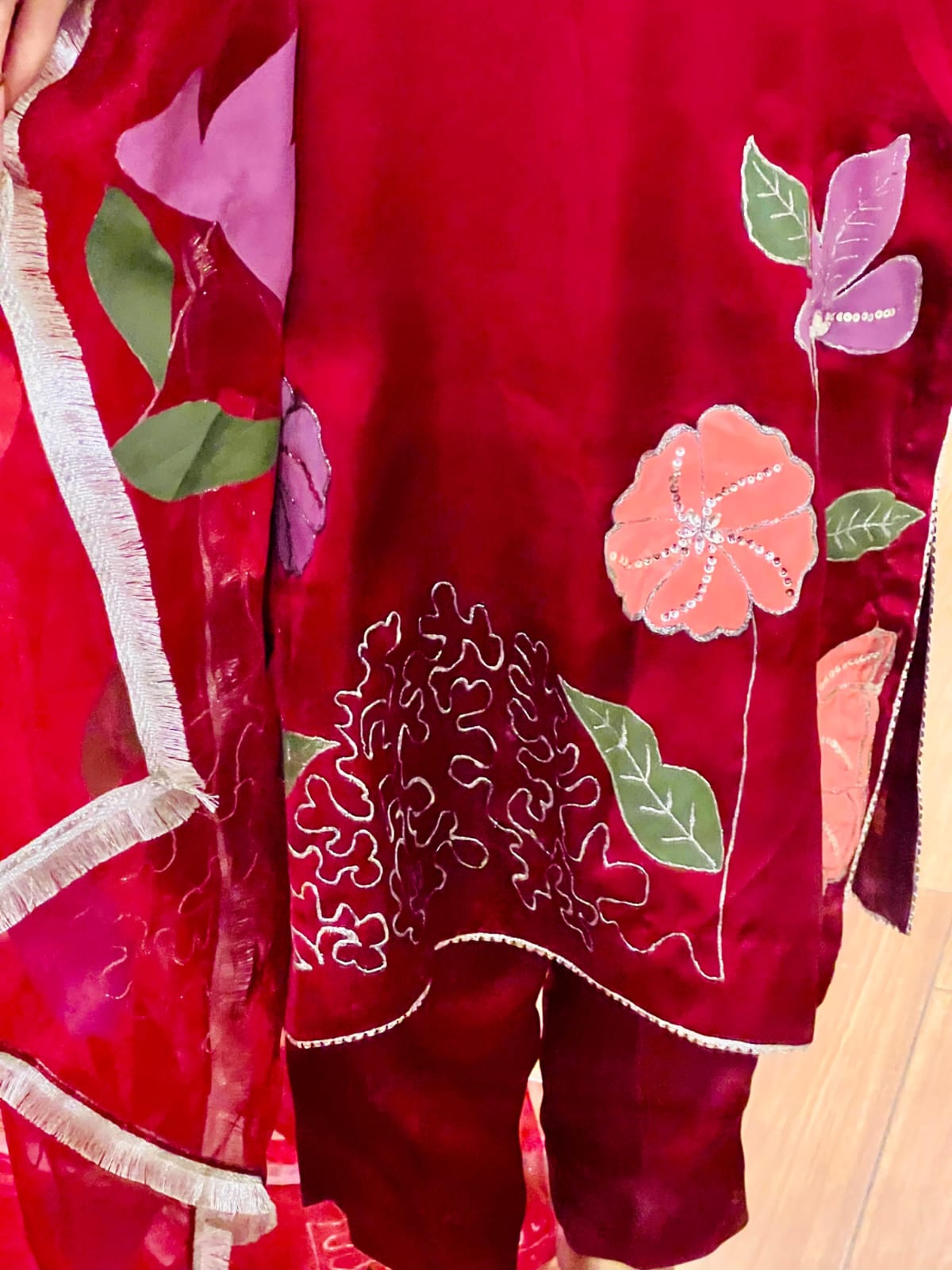 Silk Hand Painted Red Dress &amp; Organza dupatta With Embellishments