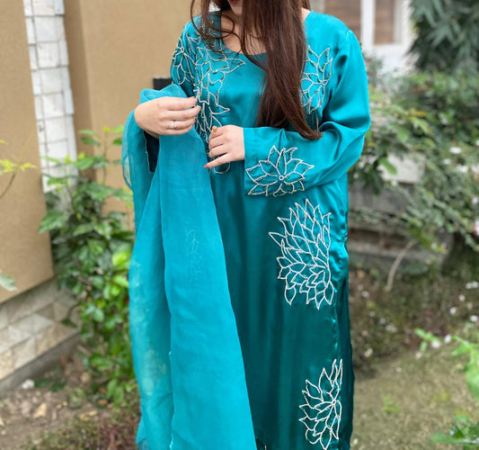 Party wear Silk dress with Hand embellishments In Ferozi