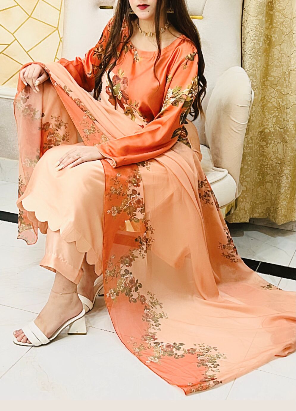 Printed Silk Dress and Chiffon Dupatta in Peach and Orange 3PC