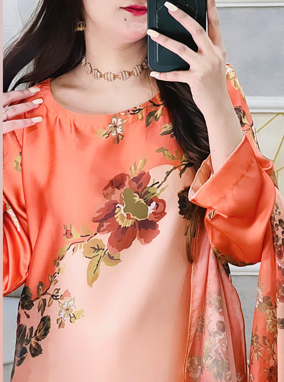 Printed Silk Dress and Chiffon Dupatta in Peach and Orange 3PC