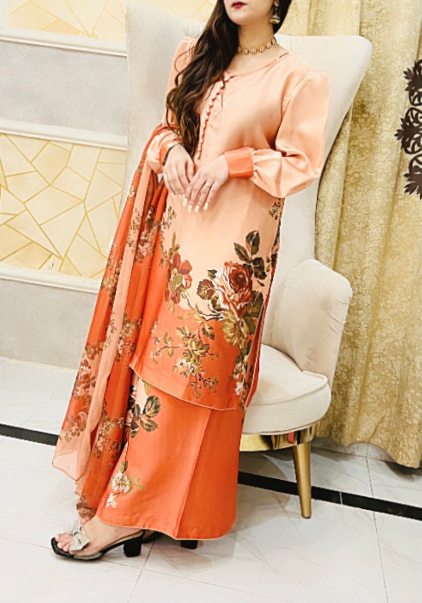 Printed Silk Dress &amp; Chiffon Dupatta in Peach and Orange
