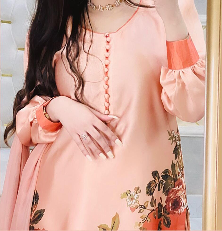 Printed Silk Dress &amp; Chiffon Dupatta in Peach and Orange